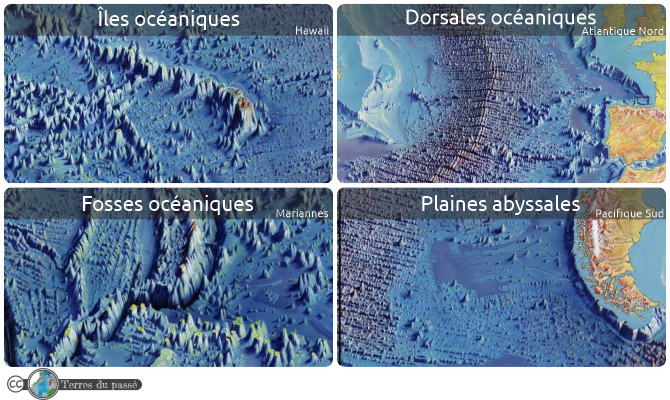 Cartes détaillées des zones d'îles volcaniques, de dorsales, de fosses et de plaines abyssales