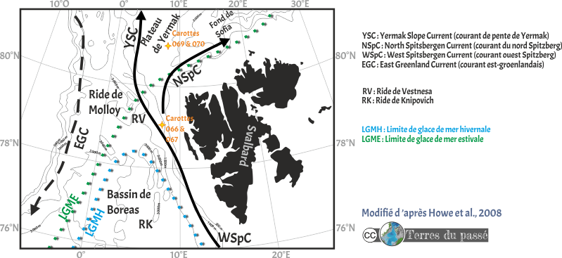 Carte bathymétrique et physiographique du détroit de Fram, d'après Howe et al., 2008