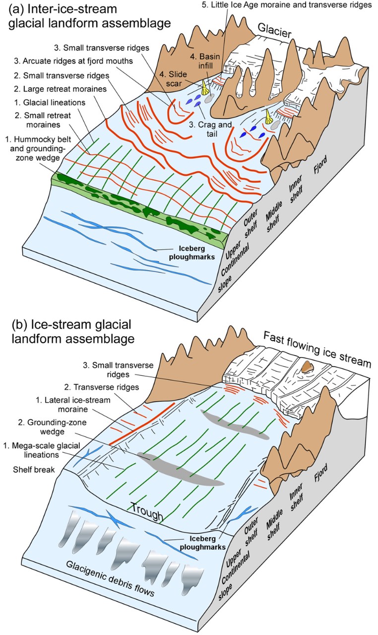 Modèles schématiques des landforms marines sous-glaciaires sur la marge continentale de Svalbard. (a) Dans une zone inter-icestreams. (b) Dans un trough d'icestream. Les chiffres représente les ordres de formation des structures, 1 étant la plus ancienne (Ingolfsson & Landvik, 2013).