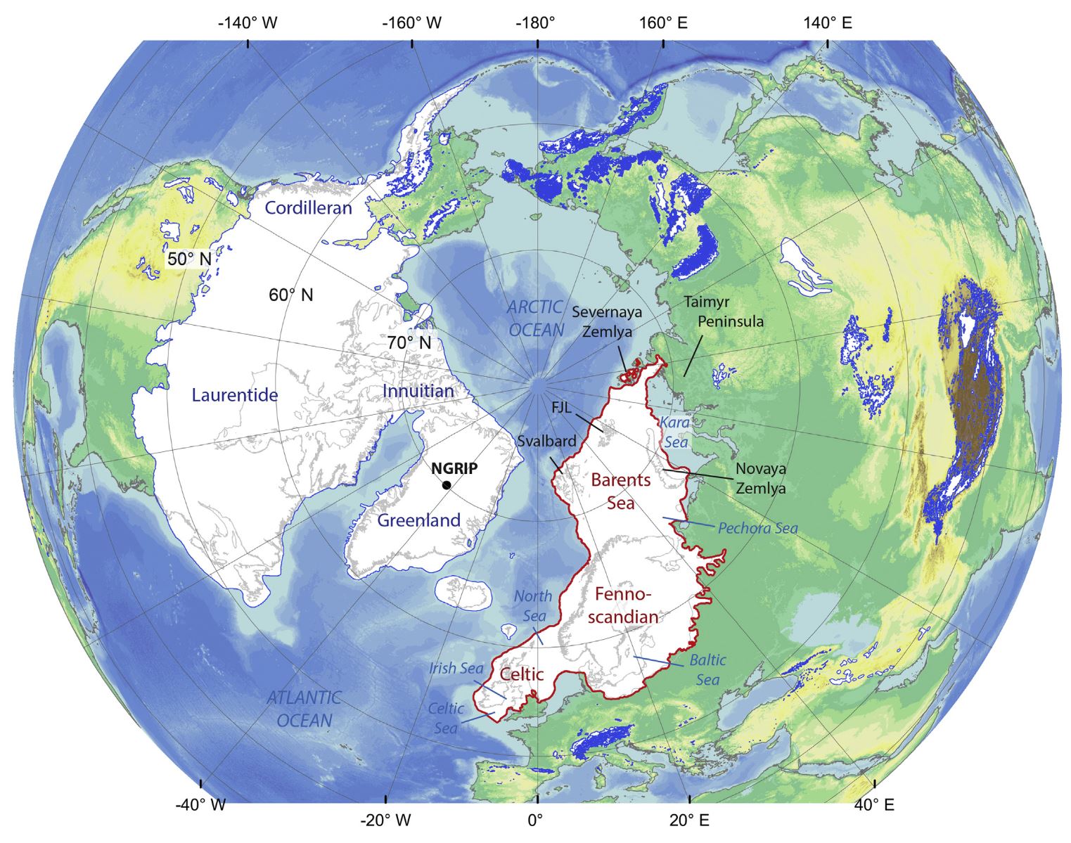 Carte de la dernière période glaciaire, patton et al., 2016