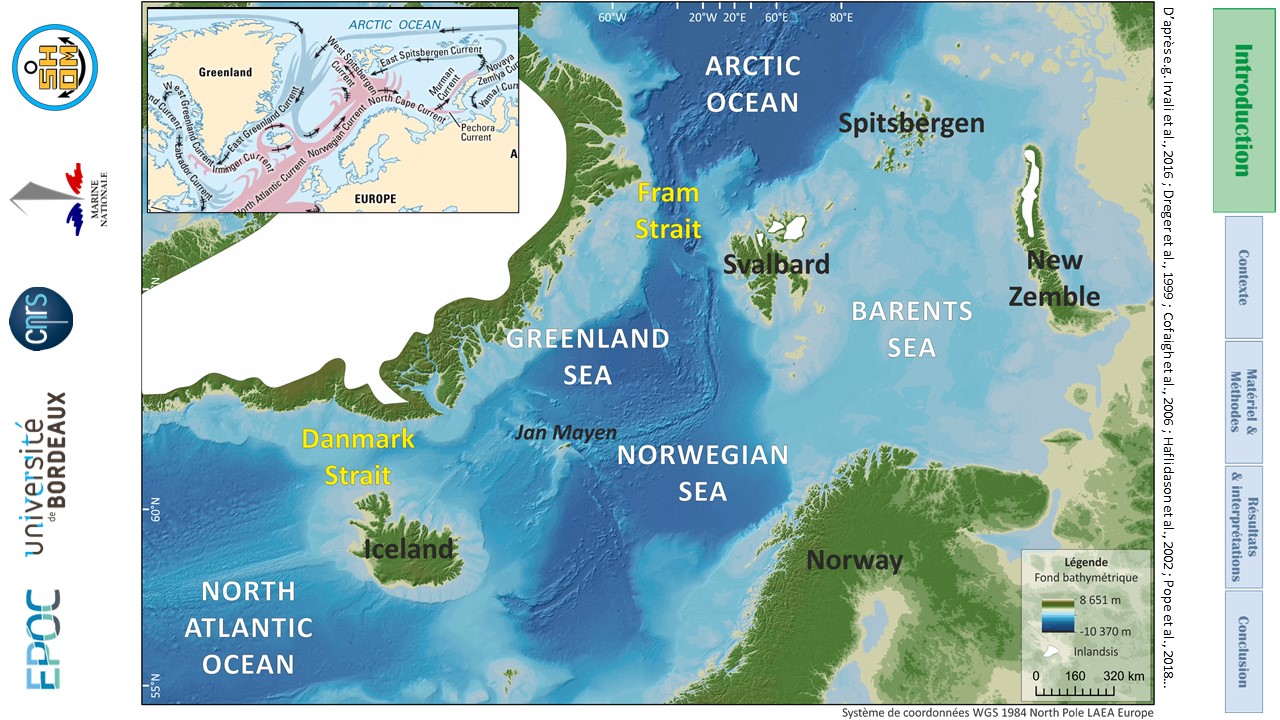 zoom sur les mers nordiques, mer du Groenland, de Norvège, de Barents et océan arctique