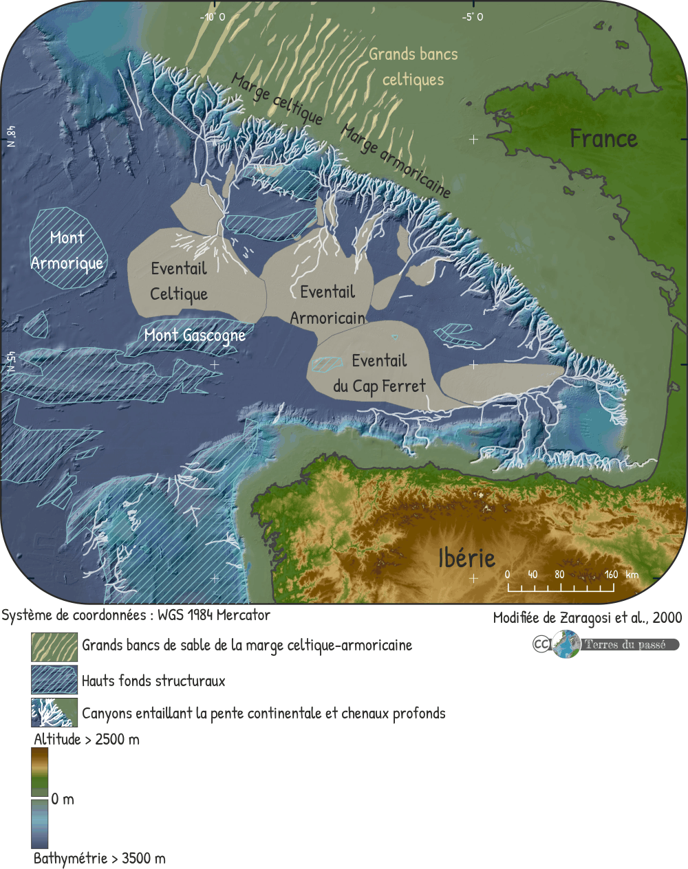 Carte bathymétrique du golfe de Gascogne, d'après Zaragosi et al., 2000