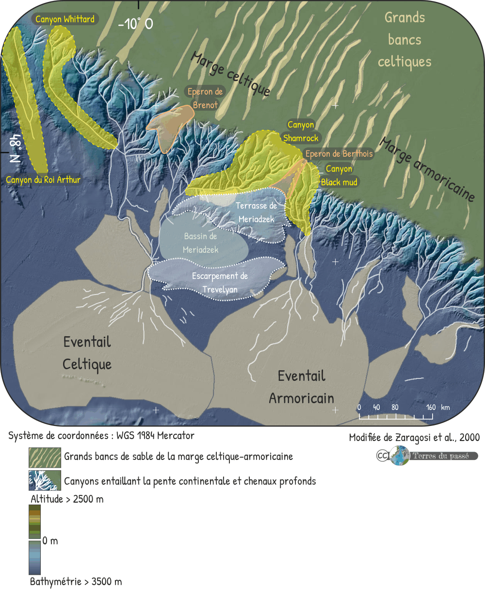 Carte bathymétrique de la ZEE au large de la marge celtique-armoricaine, d'après Zaragosi et al., 2000