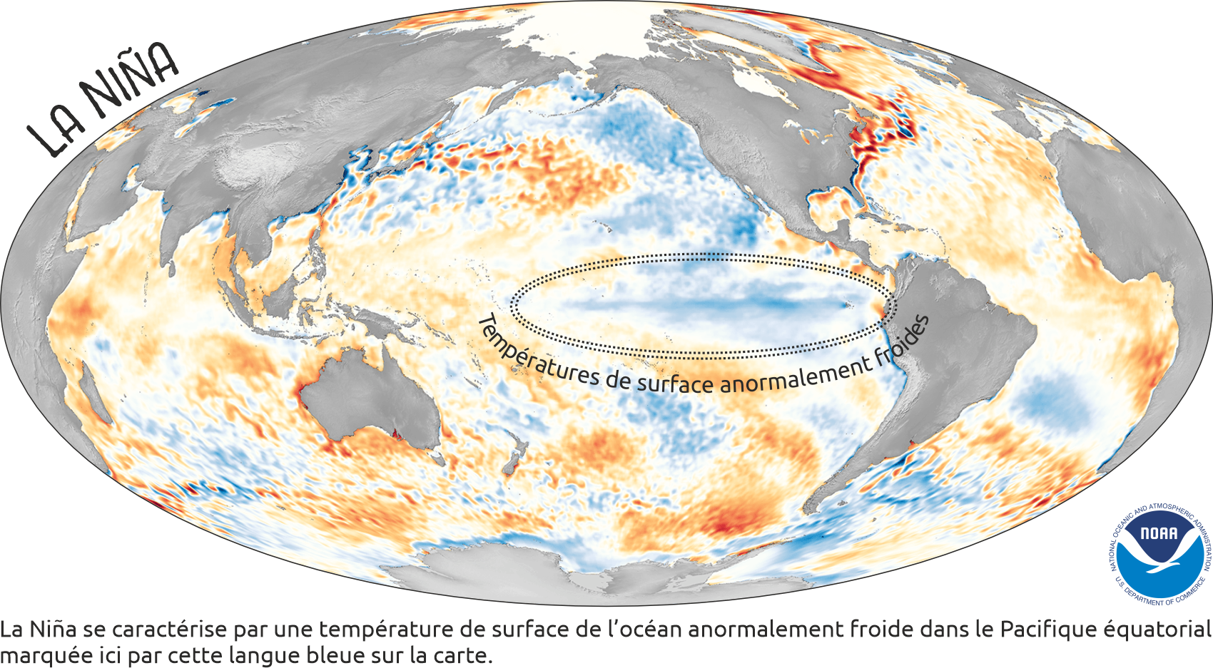La Nina se caractérise par une température de surface anormalement froide dans l'océan Pacifique éauatorial