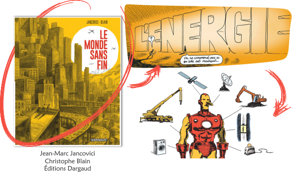 dans la bande dessinée de Jancovici et Blain, parue chez Dargaud en 2021, ils représentent l'énergie sous la forme du costume d'Iron Man