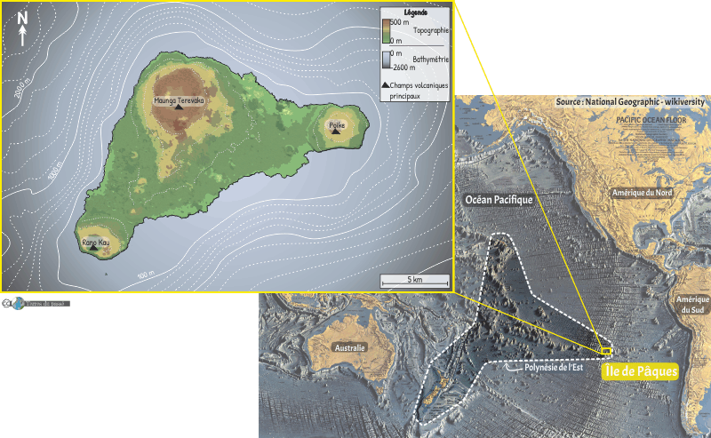 Carte positionnant l'île de Pâques (Easter Island, Rapa Nui) dans l'océan Pacifique