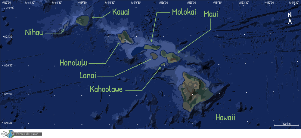 Carte géographique positionnant l'archipel hawaïen