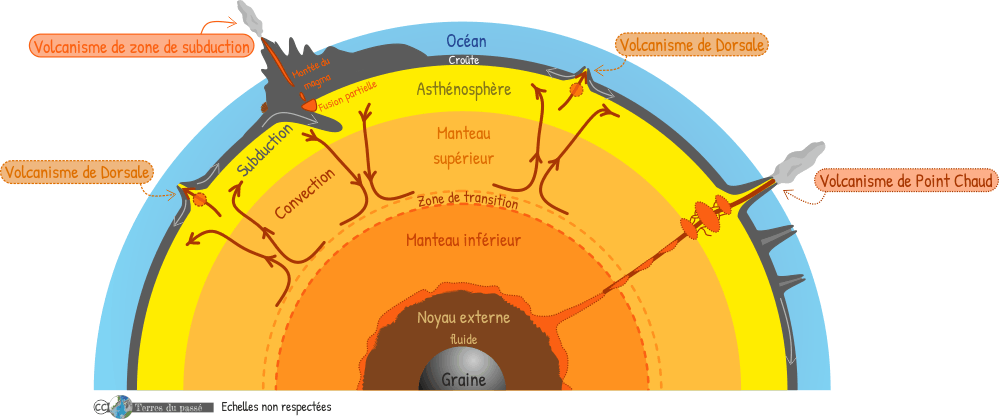 Les trois types de volcanisme illustrés : volcanisme de dorsale, volcanisme de subduction, volcanisme de point chaud.