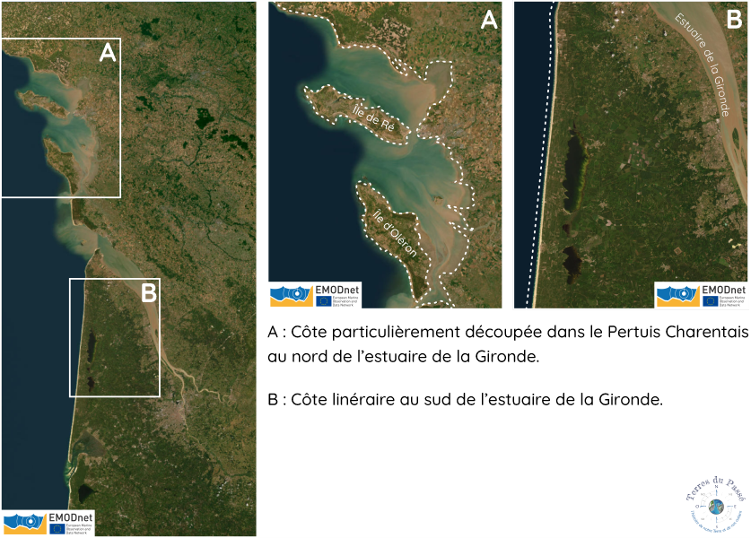 Côte découpée au nord et linéaire au sud de l'estuaire de la Gironde