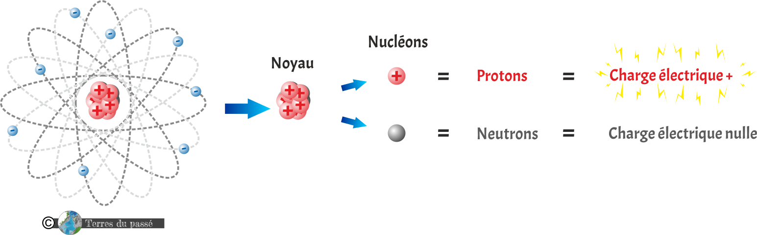 atome - protons chargés positivement et neutrons avec une charge électrique nulle