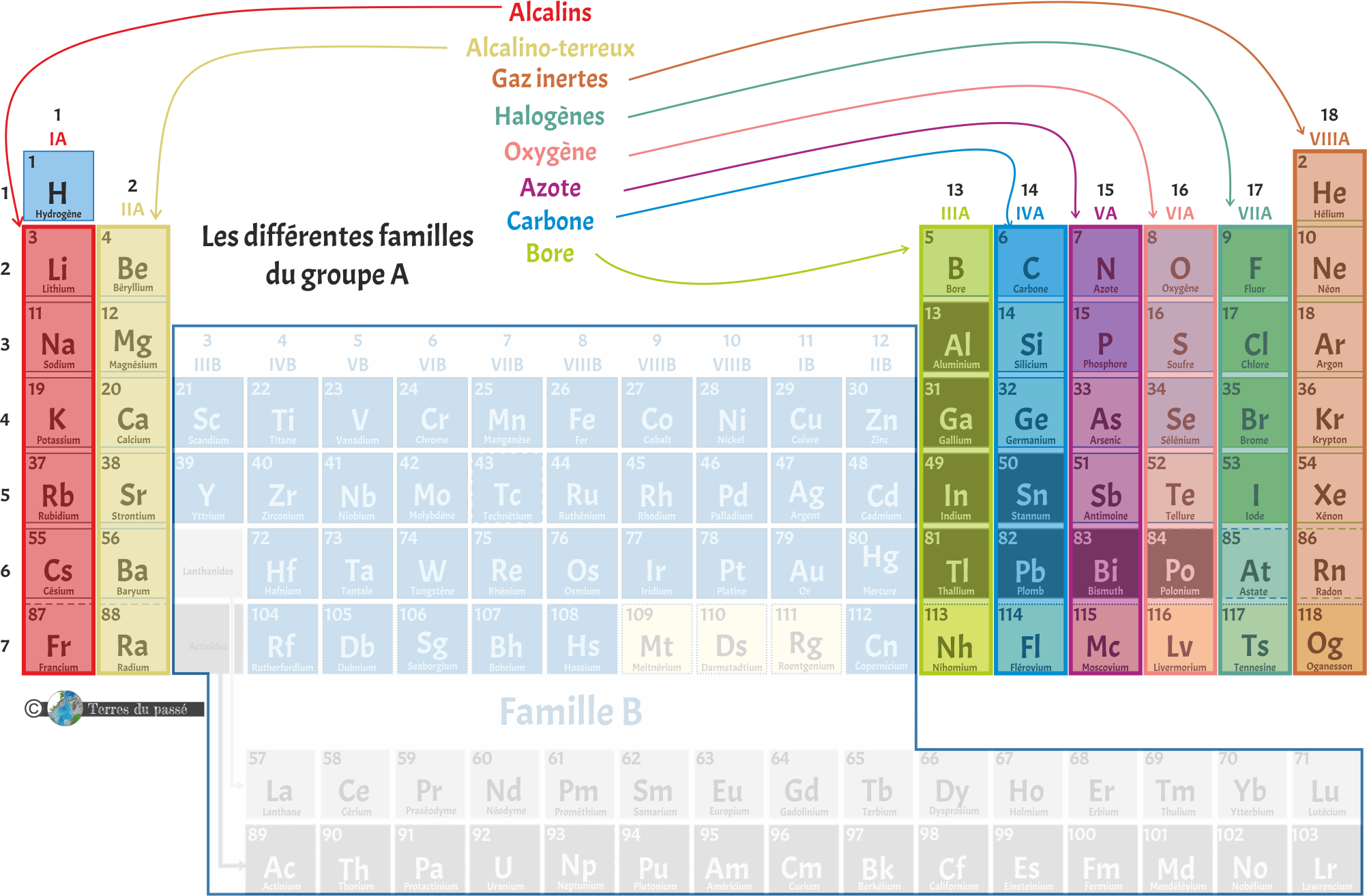 Les différentes familles du groupe A du tableau périodique des éléments chimiques.