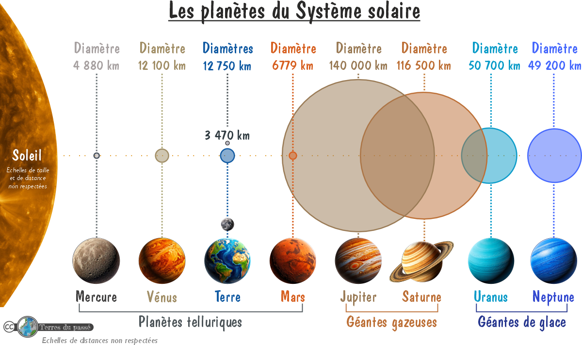 Système Solaire avec les tailles de planètes à l'échelle et le dessin des planètes.
