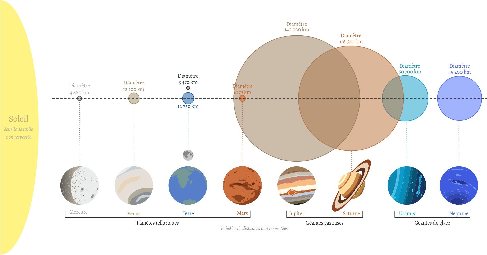 Système Solaire avec les tailles de planètes à l'échelle et le dessin des planètes.
