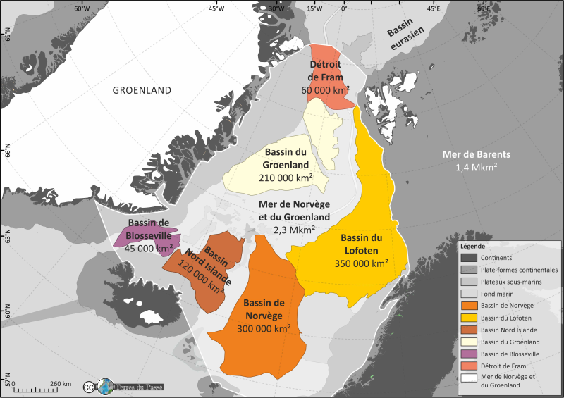 Carte des mers nordiques, périarctiques, et des bassins du lofoten, de blosseville, d'islande, de norvège, du groenland