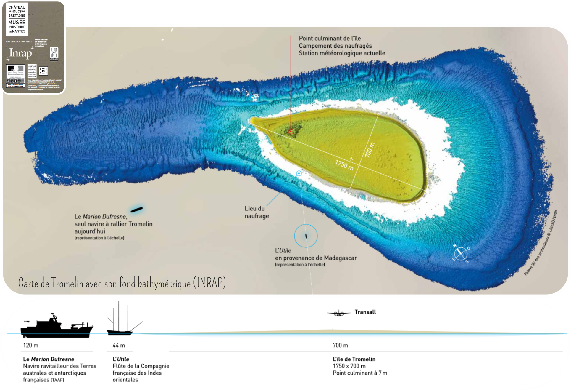 Carte de l'INRAP présentant le fond bathymétrique de Tromelin, le Marion Dufresne et l'Utile, ainsi que la position de naufrage de l'Utile en 1761