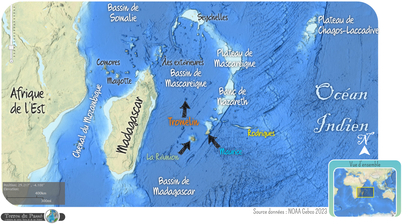 Carte du bassin des Mascareignes et de Madagascar, où se trouve l'île Tromelin, mais aussi les îles de la Réunion, Maurice et Rodrigues. 