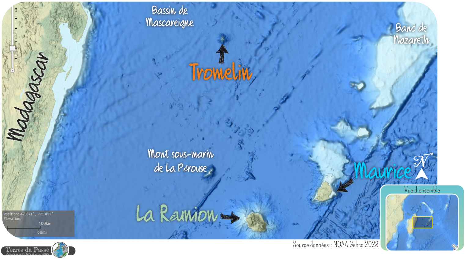 Carte de l'île Tromelin, entre Madagascar, le banc de Nazareth, et les îles de la Réunion et Maurice.