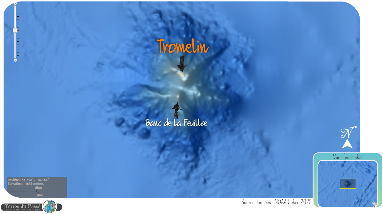 Carte zoomée des structures bathymétriques au niveau de l'île Tromelin. 