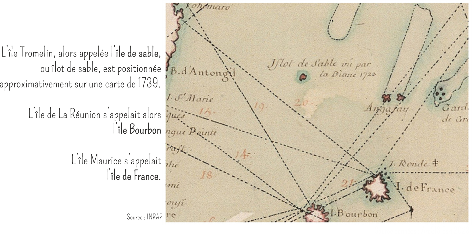 Carte positionnant pour l'île de Sable (ancien nom de l'île Tromelin) en 1739 (la position est approximative et causera du tort au navire l'Utile)