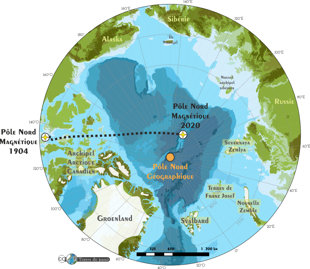 Carte Arctique et déplacement du pôle nord magnétique depuis 1907