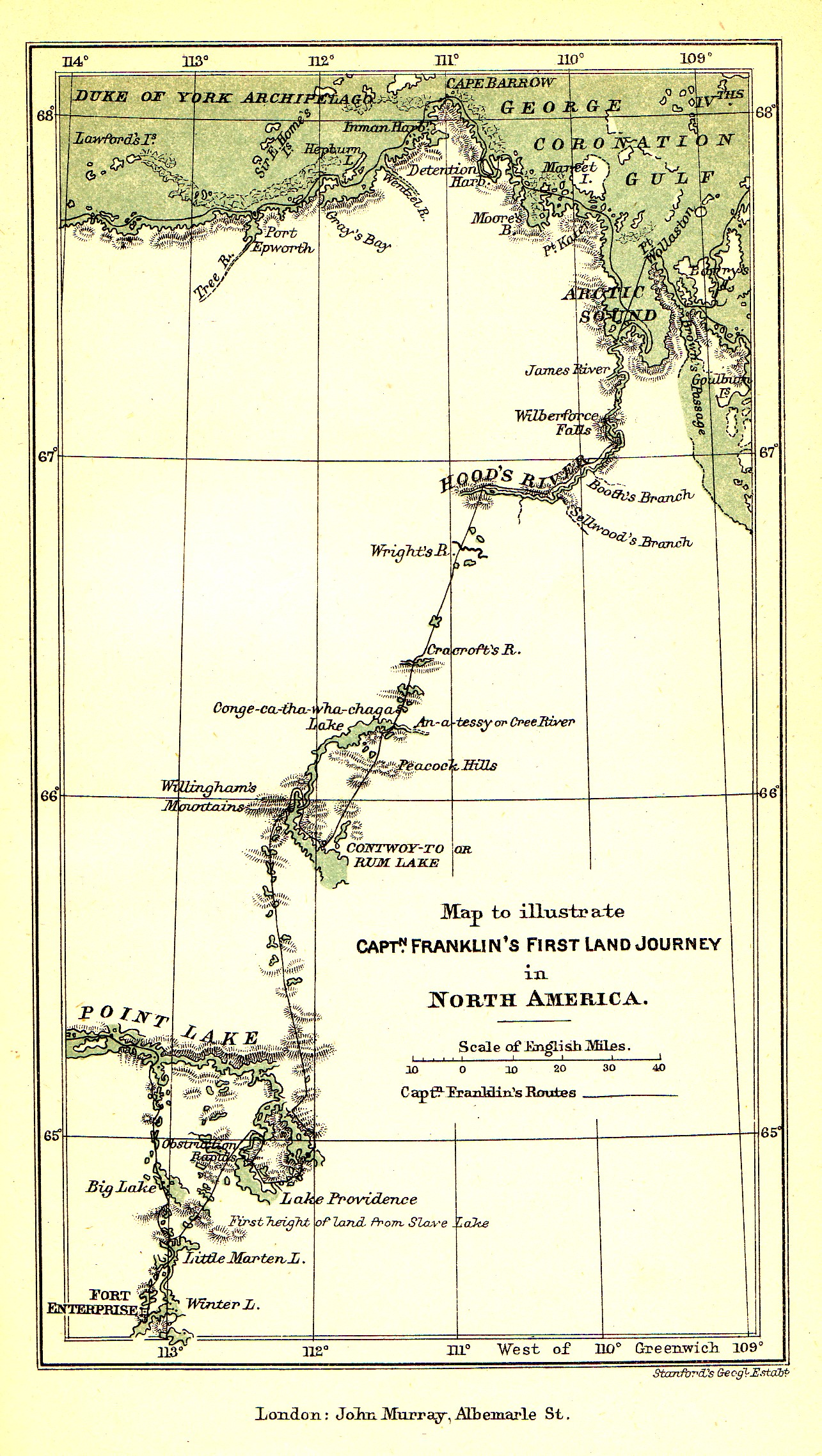 Carte de la rivière Coppermine, trajet suivi par John Franklin entre 1819 et 1821